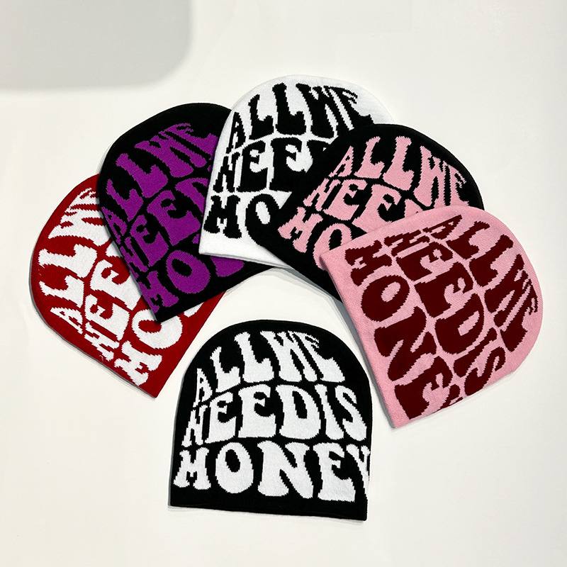 Acrylic All Over Printed Letter Jacquard Hip hop Skull Cap Ski Knitted Cuffless Beanie Hats 11