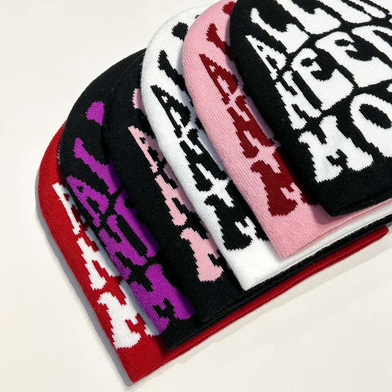 Acrylic All Over Printed Letter Jacquard Hip hop Skull Cap Ski Knitted Cuffless Beanie Hats 13