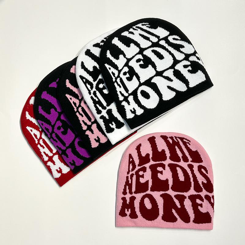 Acrylic All Over Printed Letter Jacquard Hip hop Skull Cap Ski Knitted Cuffless Beanie Hats 14