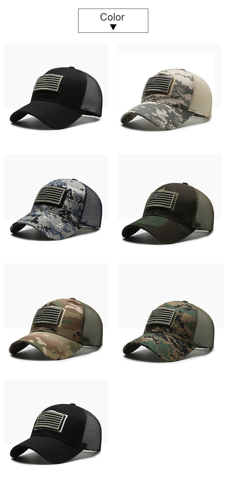 Embroidered Mesh Cap Mens Outdoor Sports 6 Panel Adjustable Camo Trucker cap 7